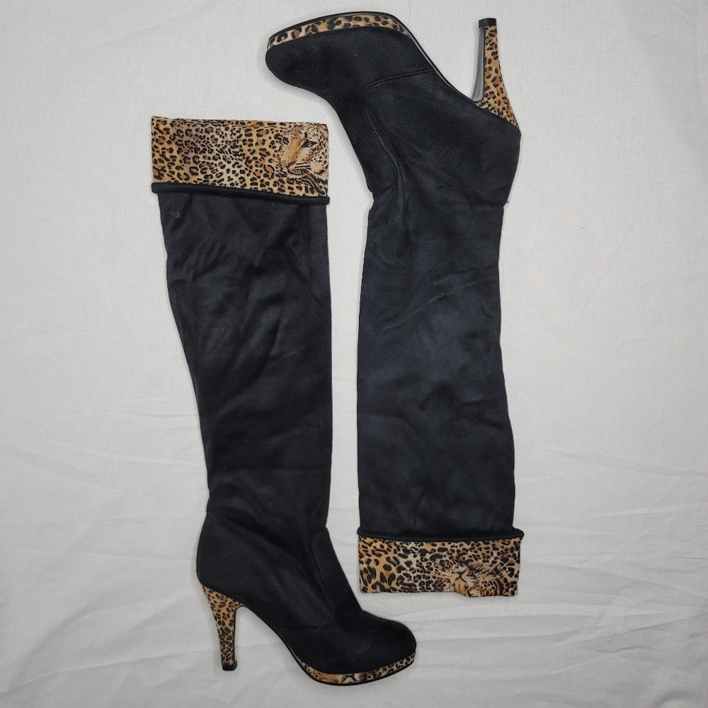 Knee high black leopard foldover suede boots